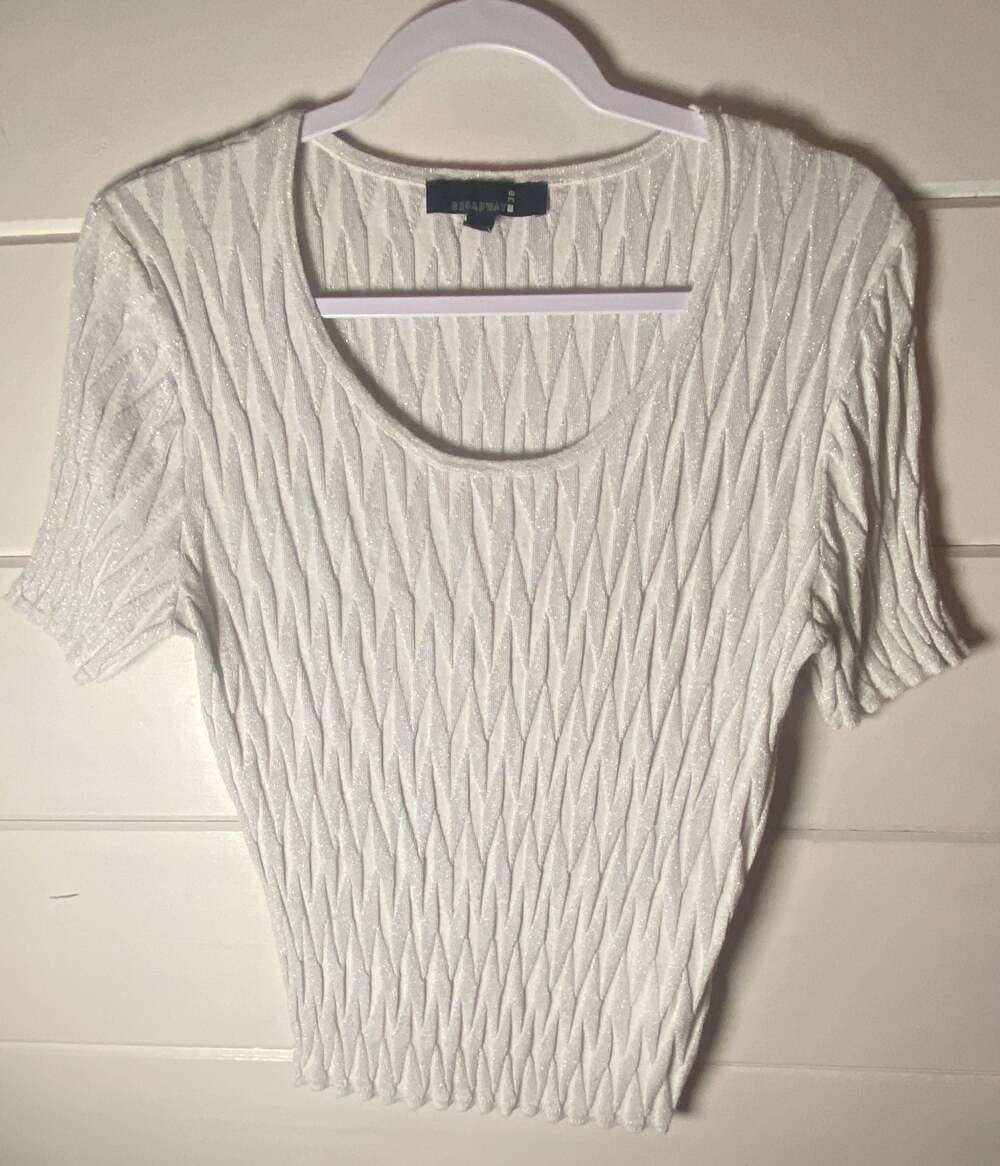 Broadway 38 White Metallic Shimmer Ribbed Short Sleeve Knit Top Size L